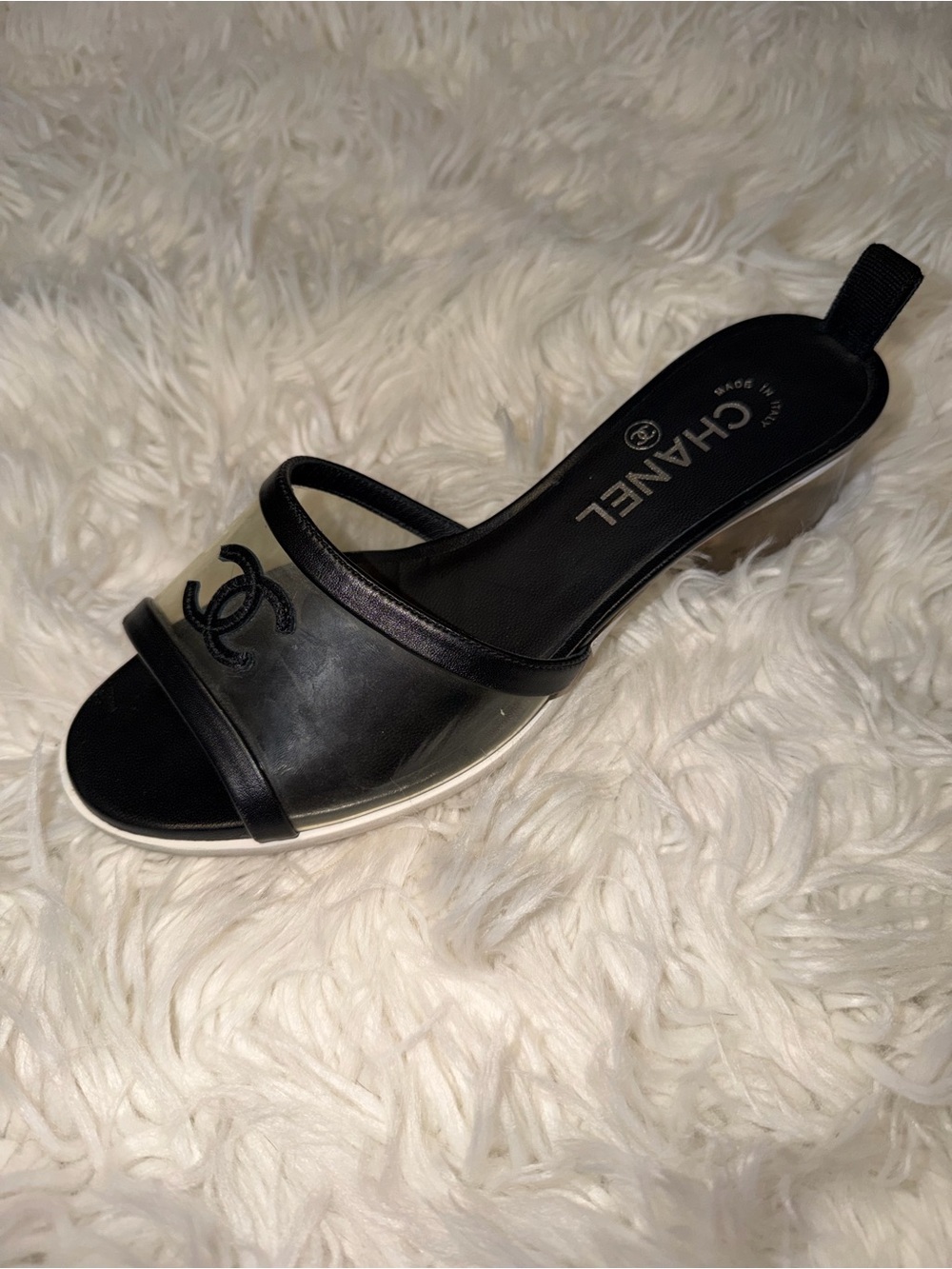 CHANEL Black Leather Slide Mules with CC Logo